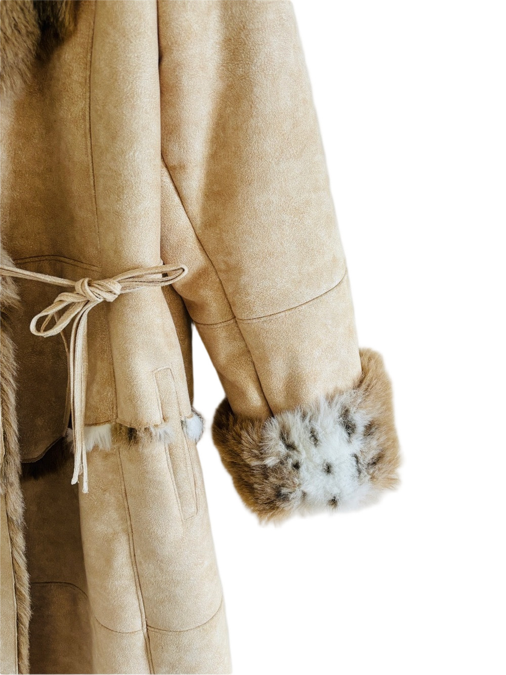 Vintage Faux Fur Trim Full Length Coat Western Boho Mob Wife Tan Beige Medium - Picture 13 of 15